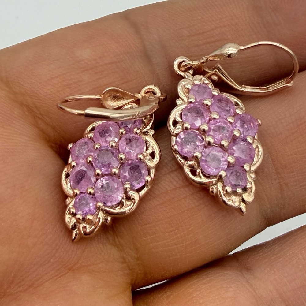 Vtg Sterling Silver Pink Sapphire Earrings D Joy 925 Signed Dangle NOS